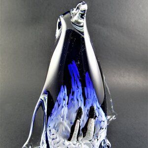 ART COBALT BLUE & CLEAR GLASS PENGUIN WITH BEBIES IN BELLY FIGURINE PAPERWEIGHT